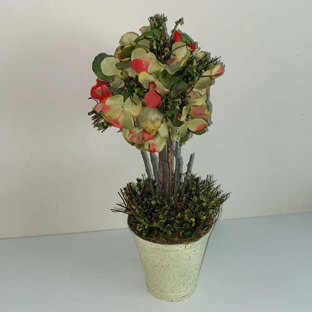 Floral Topiary in Cream Pot hydrangea boxwood accent faux floral cottagecore